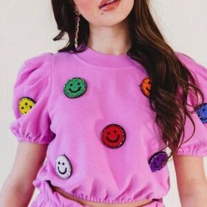 QUEEN OF SPARKLES Pink Crop Sweatshirt with 3D Beaded Smileys